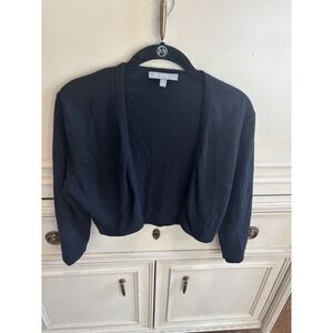 Neiman Marcus Black Cashmere Cropped Cardigan Medium Soft Open Front 3/4 Sleeve